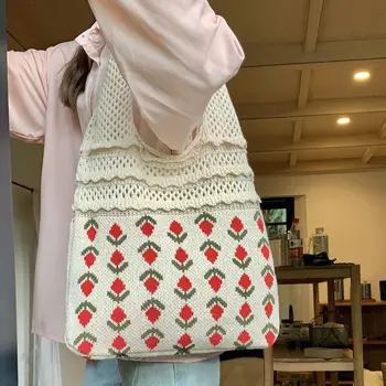 Кухи тъкани плетени чанти за рамо Ретро голям капацитет Естетична чанта за плетене на една кука Casual Shopping Tote Women Girls