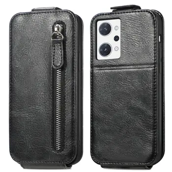 Premium черна кожа удароустойчив случай за Oppo Reno 7A телефон Zip стойка портфейл карта чанта капак случай
