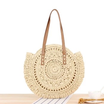 Нова проста кръгла еднораменна сламена чанта тъкана плажна тъкана чанта Британски стил мода дамска сламена чанта