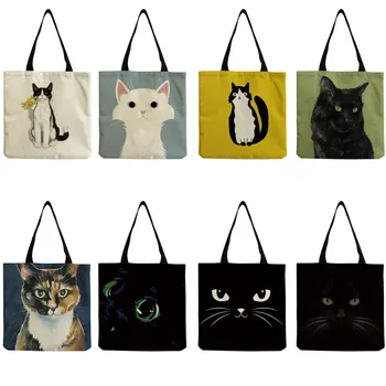 Черна котка печат животински изкуство живопис пазаруване ръка чанта жени рамо чанта еко голям графичен голяма голяма пазарска чанта купувач за бутикова дръжка