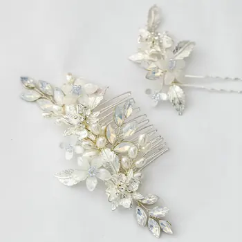 Опал кристал цвете булчински коса гребен сребърен цвят листа фиба булка сватба аксесоари за коса
