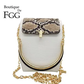 Boutique De FGG Faux PU кожа змия-кожа жени мода верига рамо чанти Top-Hanle Totes чанти Crossbody портмонета