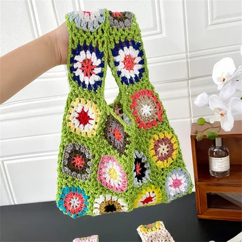 Жените ръчно изработени плетени пазарски флорални минималистични корейски раирани чанти за рамо Модерни универсални цветни шевове за многократна употреба пазарски чанти