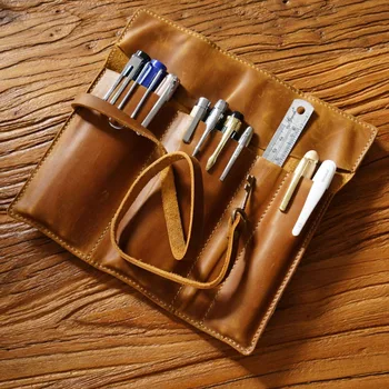 Реколта телешка писалка чанта естествена кожа молив торбичка минималистичен литературен молив чанта многофункционални подвижен писалка чанта канцеларски материали