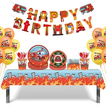 Пожарникари пожарникари парти за еднократна употреба Комплект прибори за хранене Хартиена чиния Купа за детски рожден ден Декорации за рожден ден Бебе Момче Празнично парти Декор