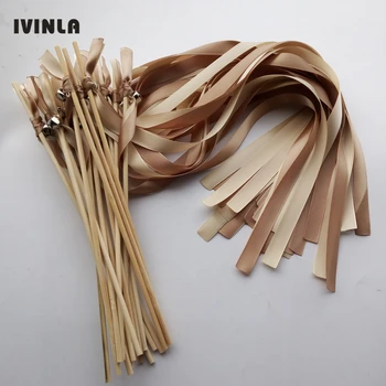 Hot Selling 50pcs/lot coffe and cream wedding ribbon wands stick with sliver bell for wedding decoration