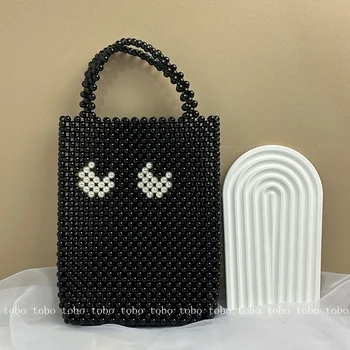 Нова луксозна маркова мъниста голяма дръжка чанта жени сребърни чанти черно и бяло око ръчно изработени дизайнерски чанти плаж съединител чанта