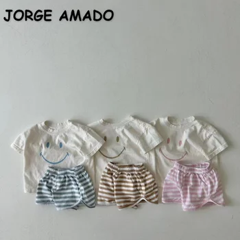 корейски стил ново лято бебе момиче момче комплект усмихнати лицето печат O-образно деколте къс ръкав тениска + райе шорти деца ежедневни дрехи E354T