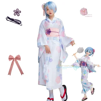 Rem Re:Zero Cosplay Аниме Re:Zero Rem Cosplay костюм Кимоно халат за баня Шапка чанта аниме екипировки за жени