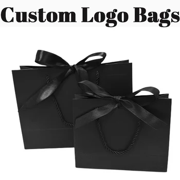 5/10Pcs персонализирано лого Хартиени подаръци черна чанта бижута Козметика панделка сватбена опаковка кутия за рожден ден чанта / пижама перука чанти