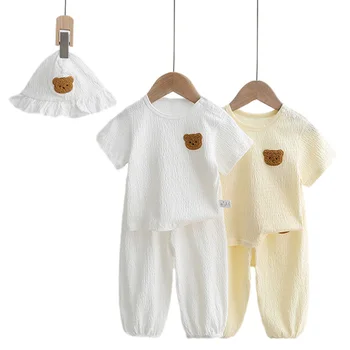 2023 Муселин бебе летен комплект карикатура мечка тениски панталони шапка за момичета момчета дишаща детски костюм корейски стил бебе домашни дрехи