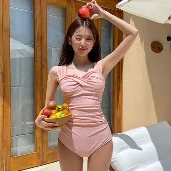 Жените едно парче секси бански костюм твърди широка каишка реколта корейски стил монокини бръчки корема скрити бански