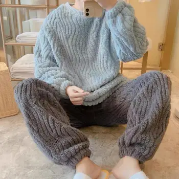 Модерен дизайн за подвързване на крака в пижамен панталон комплект уютен мъжки фланелена пижама комплект меко докосване топло фоайе за есен зима твърди