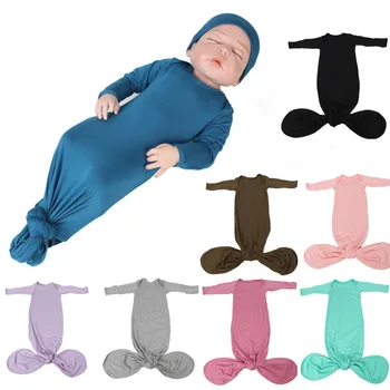 Нова рокля с възли и шапка за новородени бебешки дрехи Комплект органични памучни бебешки спални рокли Спален чувал