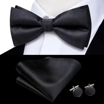 Hi-Tie Solid Black Mens Bow Tie Hankerchief Cufflinks Pre-tied Silk Butterfly Knot Bowtie for Male Business Party Wholesale