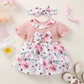 Бебе момиче розова блуза цвете печат сладка рокля
