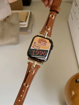 Луксозен дизайн Метална каишка от естествена кожа за iWatch Series 8 7 6 5 4 3 SE Дамски тънък Band за Apple Watch 41mm 40mm 38 45 42 44 49