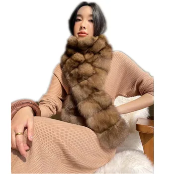 Жените зимни супер луксозни недвижими самур кожа дълъг шал дама ауспух шал пръстен