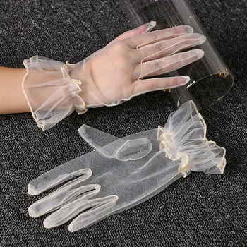 Жени къси тюл ръкавици лятна сватба бял черен елегантен ръкавици разтеглив дантела пълен пръст ръкавици окото прозрачни ръкавици