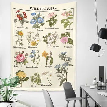 Реколта диви цветя изкуство гоблен стена висящи естетически ботанически флорални референтна диаграма стена покритие хол спалня декор