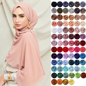 Обикновен шифон хиджаб шал шал жени ислямски мюсюлмански воал шалове обвива дама Echarpe дишаща Foulard 1Pc 76 цветове