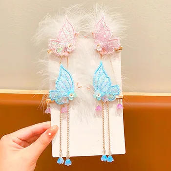 1 чифт прекрасни пискюли от пера от пеперуда Детски щипки за коса Китайски стил момичета Аксесоари за коса Сладък античен подарък за момиче