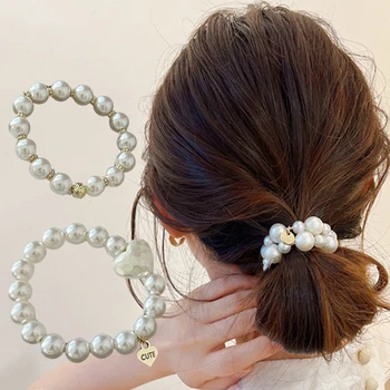 Мода имитация перла мъниста коса връзки сладък цвете сърце коса лента въже за жени момичета конска опашка ластици гривна Коледа подарък