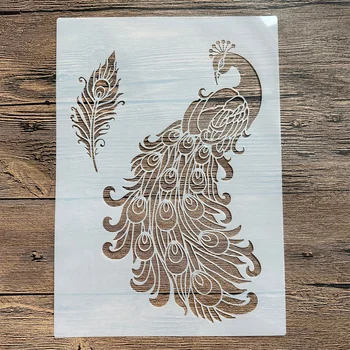A4 29 * 21cm DIY мандала мухъл за боядисване шаблони щампован фотоалбум релефна хартиена карта върху дървен плат, стена Животни паун