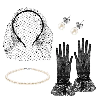 Лента за глава ръкавица огърлица черни очарователи жени перла чар шипове воал пластмасови обеци дамски комплект