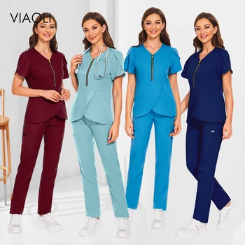 Дамски еластичен дишащ медицински скраб плътен цвят сестрински униформа с джобове почистване прахоустойчиви работни дрехи красота униформа