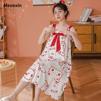 Бельо Дамски летен памук корейски сладък и сладък рокля хлабав и домашно облекло спагети каишка къдри спални на едро
