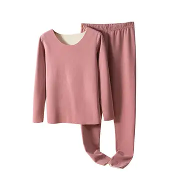 Дамски комплект за домашно облекло Дамски зимен пижамен комплект с O Neck дълъг ръкав Топ термо бельо панталони безшевни дебели кадифе