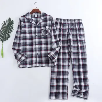 Мъжки s плюс размер памук каре дълъг ръкав пижама комплект есен и пролет прост памук фланела домашно облекло