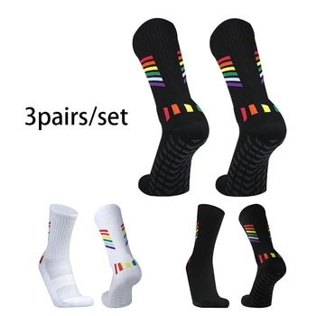 3 чифта Нови мъже Жени Футболни чорапи Цветни ивици Дишаща спортна стрелка Силиконова противоплъзгаща хватка Футболни чорапи Калцетини