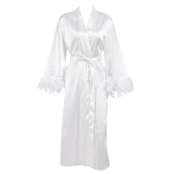 Дамски кимоно халати с пера от колан декор дълъг ръкав халат спално облекло 37JB