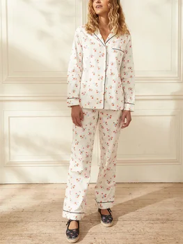 Дамски 2 части пижами комплекти цветен печат пижама изкуствена коприна сатен ревера пижама женски спално облекло дълъг ръкав риза панталони домашно облекло