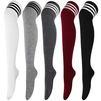 Мода раирани памучни чорапи бедрото високи чорапи плюс размер над коляното дълги гамаши Лолита черно бяло секси трикотаж бедрата чорап