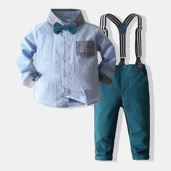 Baby Boys Памучни дрехи за рожден ден Сватбени дрехи Комплект пролетни лъкове + карирана риза + тиранти 3PCS