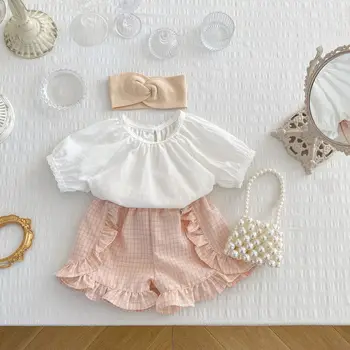 2023 Бебешки момичета дрехи комплект летен фенер ръкав детска риза + къдрава къса новородена принцеса сладък костюм за малки деца