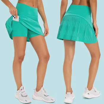 SHINBENE Лека плисирана тенис пола с висока талия тренировка Skorts бадминтон поли с джобове за жени