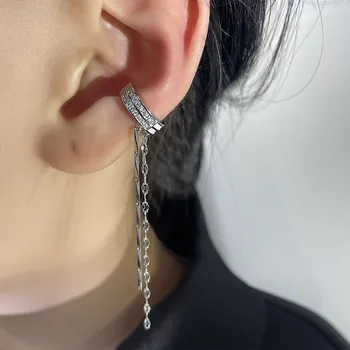 Елегантни дълги пискюл верига клип обеци за жени изящни пенливи кристал C-образна ухото клип аксесоари мода бижута