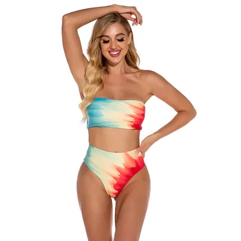 Tie Dye High-Waist Bikini Sets Sexy Tube Top Swimsuit For Women Lace Up Two Pieces Separate Swimwear 2022 Нов плажен бански костюм