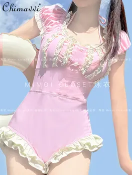 Ново момиче Розов стил Лолита Къс ръкав Японски сладък бански женски 2023 Лятна мода Тънък елегантен едно парче бански жени
