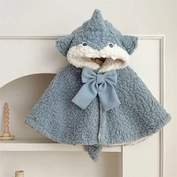 Baby Girls Fuzzy Cape Chunky Warm Shark Bow Soft Touch Buckle Hooded Cloak Cape for Winter Fall