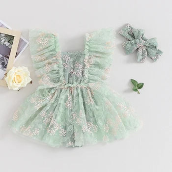Бебе момичета принцеса ританки рокля зелен летящ ръкав флорални бродерия гащеризони тюл лента за глава за новородени дрехи